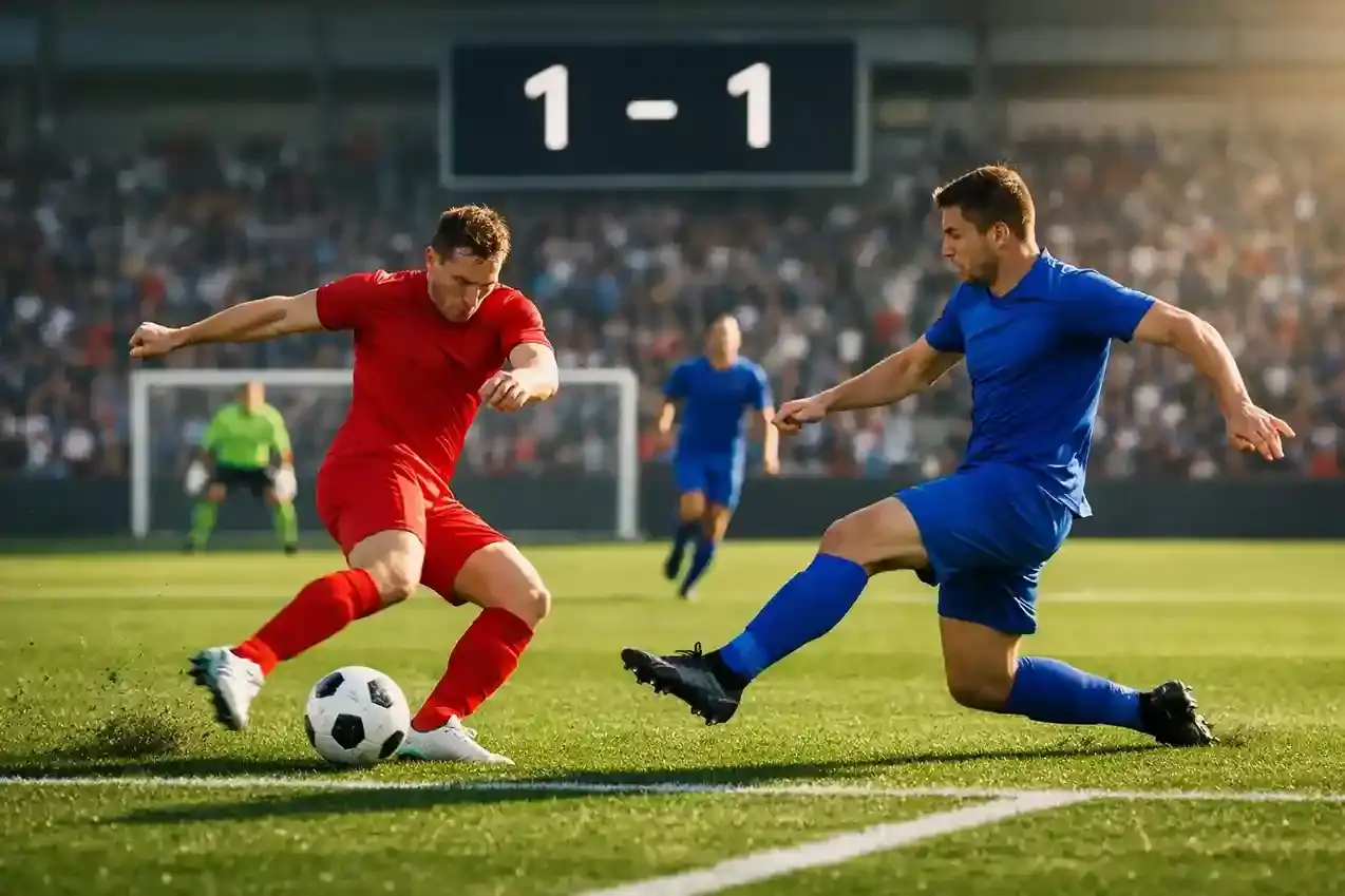 Scorebord op voetbalveld met beide teams in actie tijdens een competitiewedstrijd